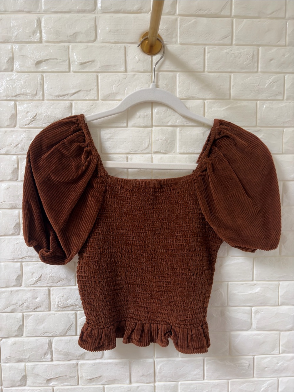 American Eagle Outfitters Brown Smocked Puff Sleeve Crop Top